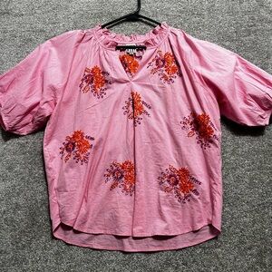 Sister Mary Woman’s Pink Floral Embroidered Cotton Top puff Sleeve Size XL